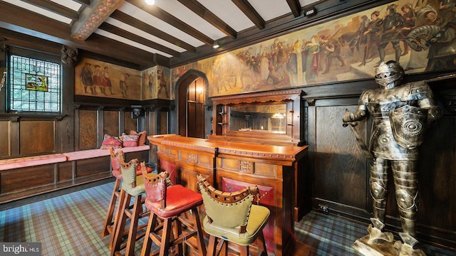 1717 Woodland Rd, Abington, PA 19001 - dining area featuring bar area and beamed ceiling