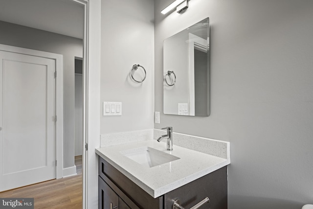 bathroom with wood-type flooring and vanity