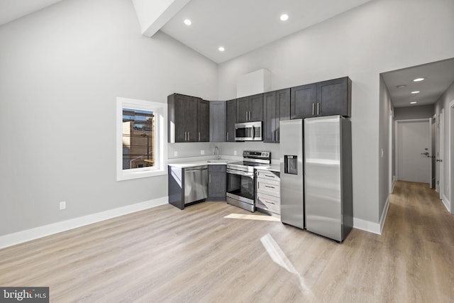 kitchen with appliances with stainless steel finishes, high vaulted ceiling, light wood-type flooring, and beamed ceiling