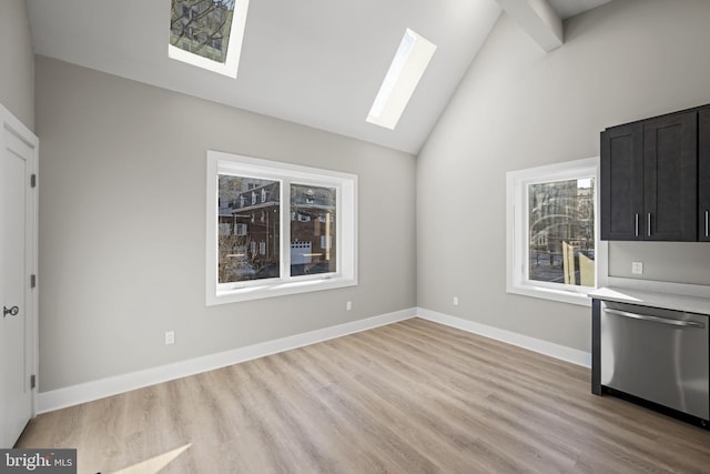 unfurnished living room featuring a skylight, light hardwood / wood-style flooring, and high vaulted ceiling