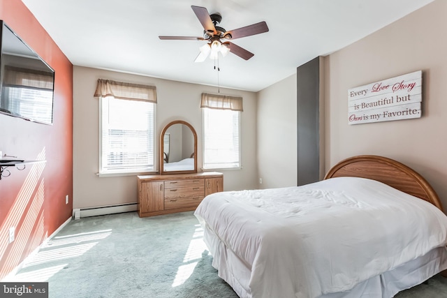 bedroom featuring light carpet, ceiling fan, multiple windows, and baseboard heating