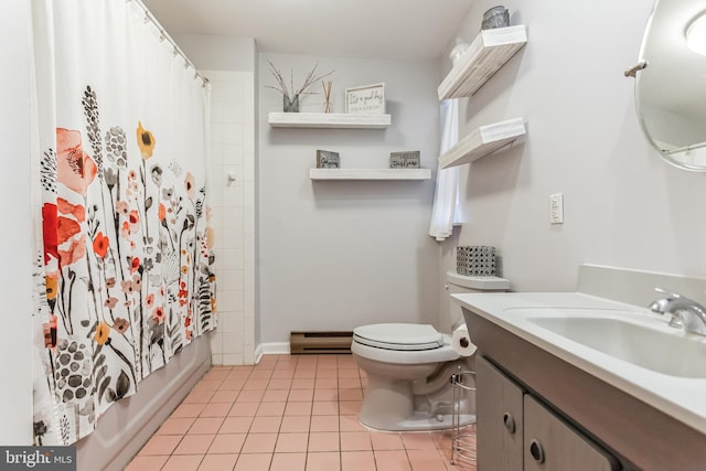 full bathroom with shower / tub combo with curtain, a baseboard radiator, tile flooring, toilet, and large vanity