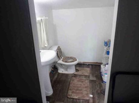 bathroom with wood-type flooring and toilet