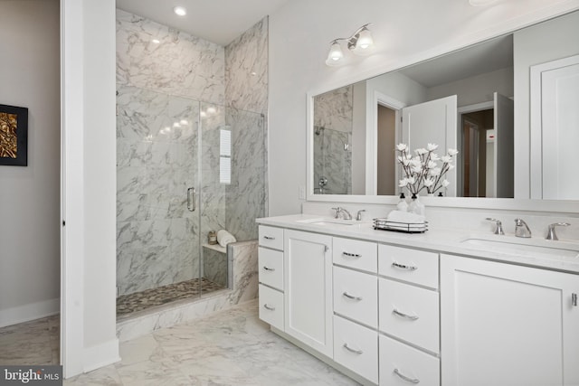 bathroom featuring tile flooring, dual vanity, and walk in shower