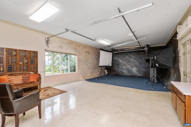 interior space featuring ornamental molding and light tile floors