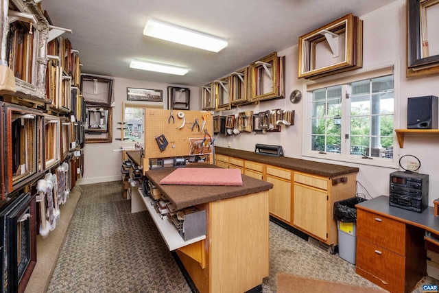 interior space featuring dark colored carpet and a center island