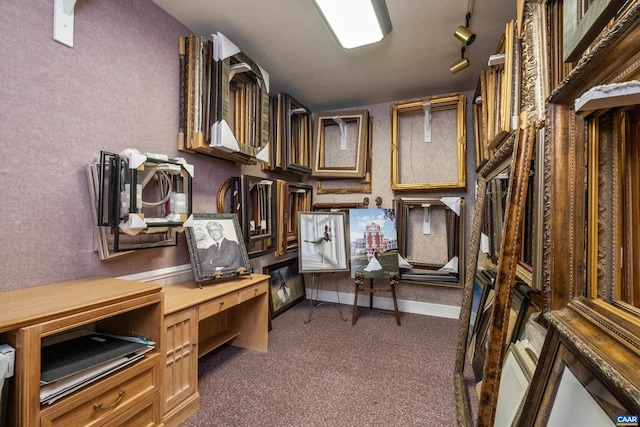 carpeted home office with track lighting