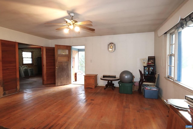 interior space featuring dark hardwood / wood-style flooring, plenty of natural light, and ceiling fan