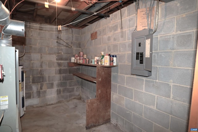 basement featuring electric panel and electric water heater