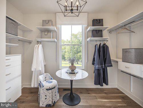 spacious closet with an inviting chandelier and dark wood-type flooring