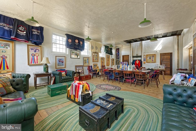 living room featuring a textured ceiling and wood-type flooring