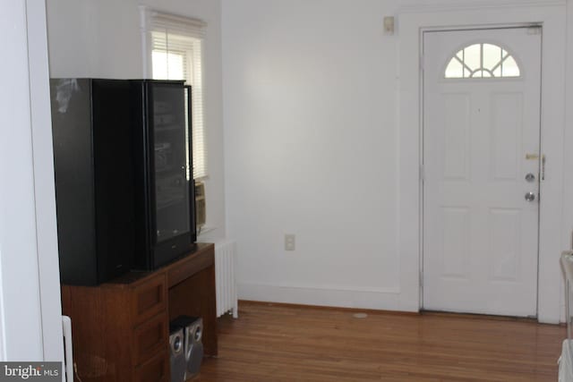 foyer with a wealth of natural light, dark wood-type flooring, and radiator