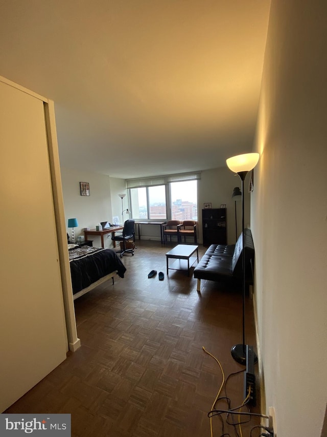 living room featuring dark parquet flooring