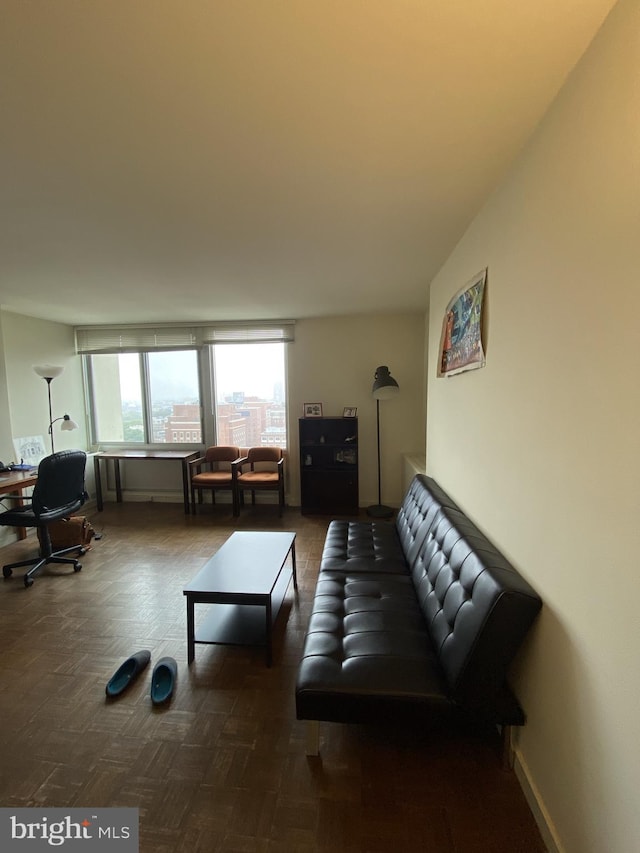 living room with dark parquet flooring