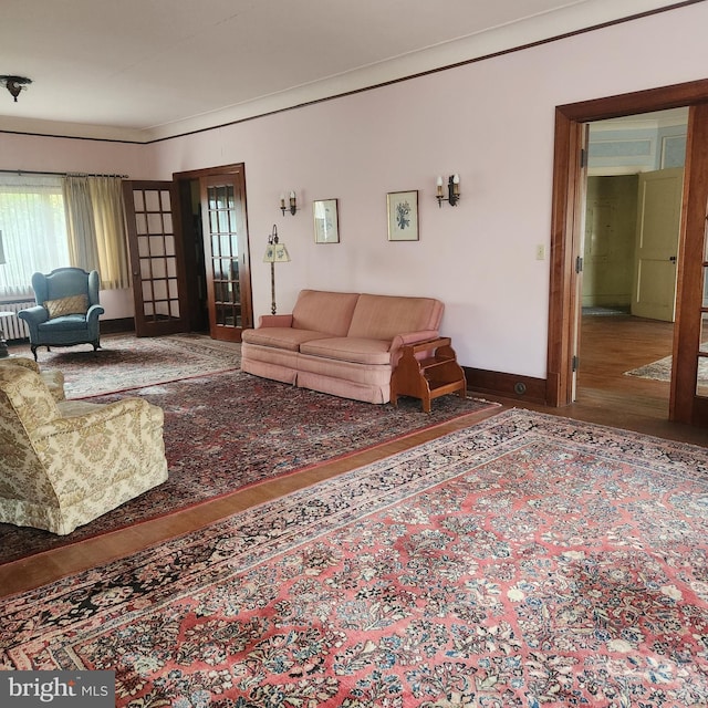 living room with radiator and dark wood-type flooring