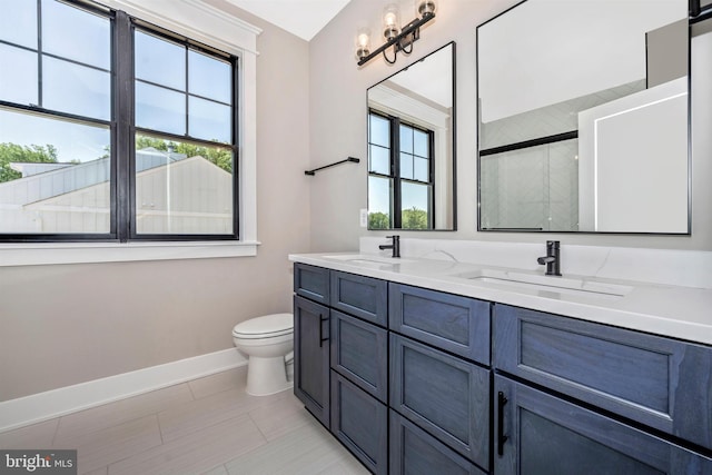 bathroom with vanity, plenty of natural light, toilet, and walk in shower