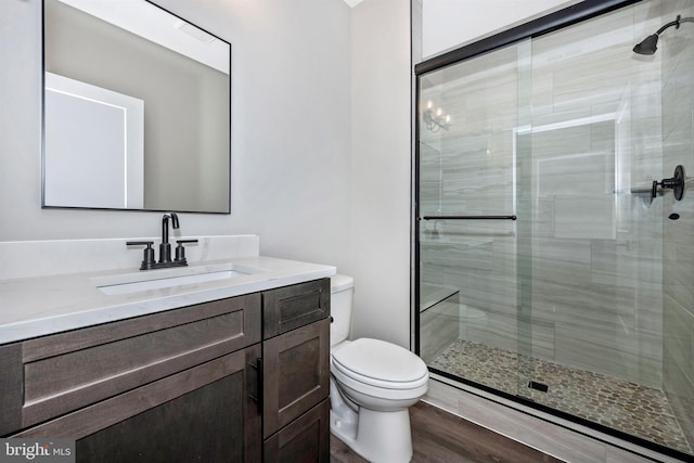 bathroom with vanity, toilet, a shower with door, and wood-type flooring