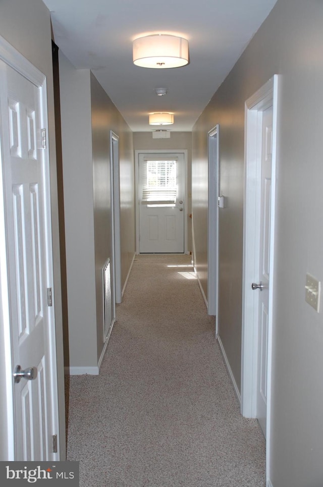 corridor featuring light colored carpet