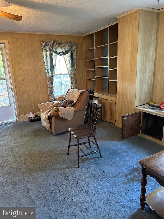 living area with wooden walls, carpet, and a textured ceiling