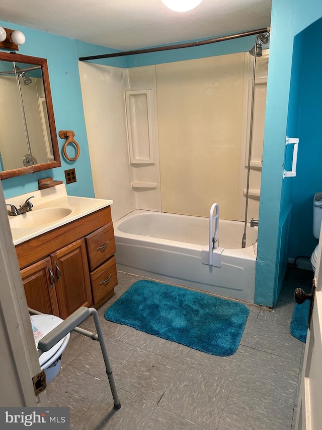 full bathroom with toilet, tub / shower combination, and vanity