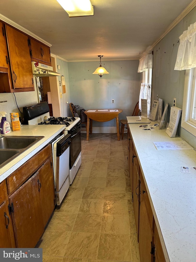 kitchen featuring white appliances, ornamental molding, sink, and hanging light fixtures