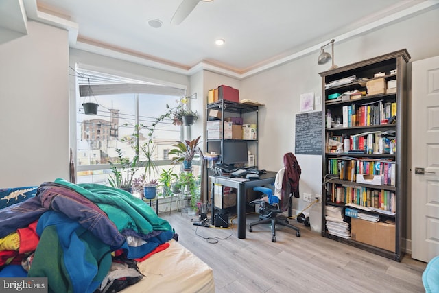 office with ceiling fan, ornamental molding, and light hardwood / wood-style floors