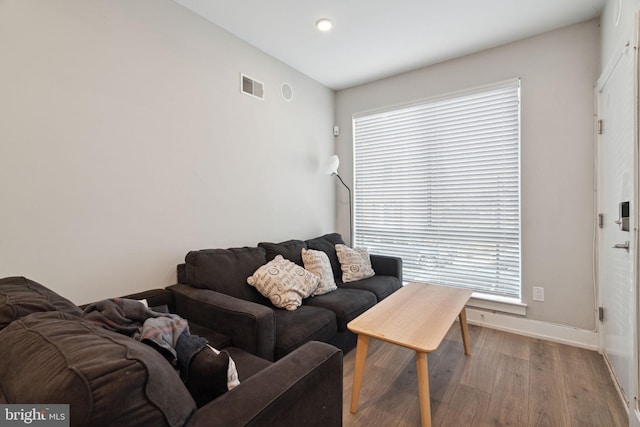 living room with light wood-type flooring and a healthy amount of sunlight