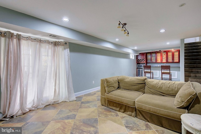 tiled living room with indoor bar