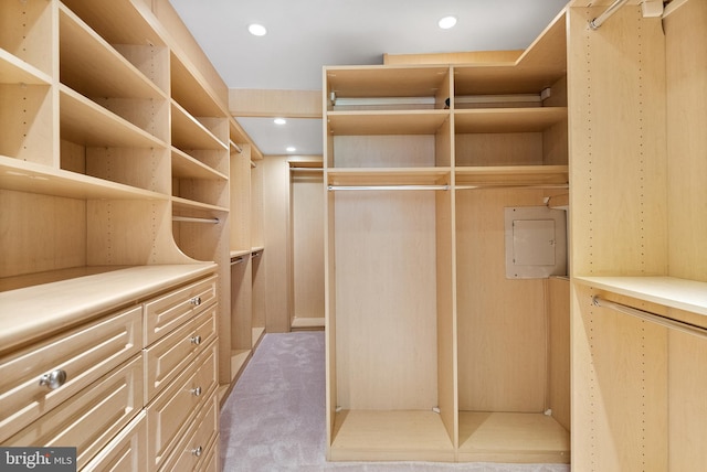 walk in closet featuring light carpet