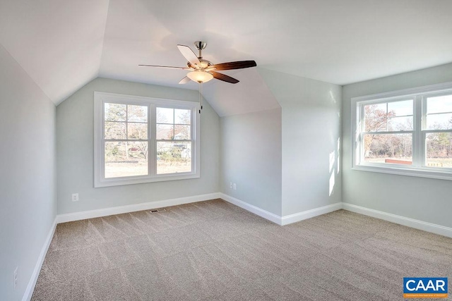 additional living space with light carpet, lofted ceiling, and a healthy amount of sunlight