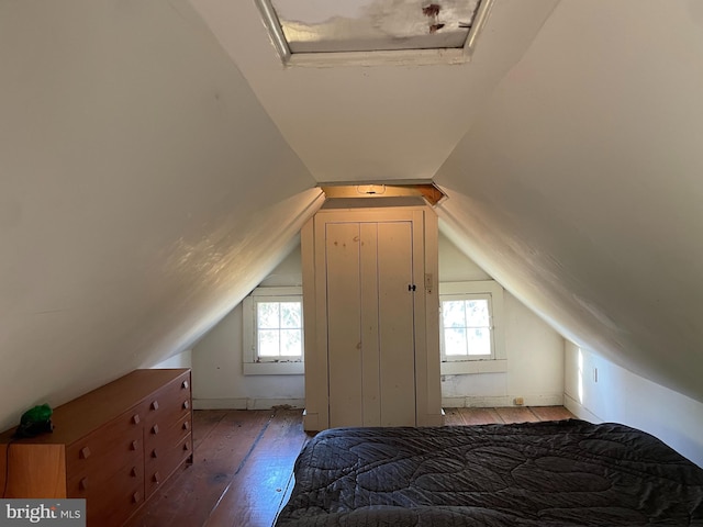 bedroom featuring dark hardwood / wood-style flooring, vaulted ceiling, and multiple windows