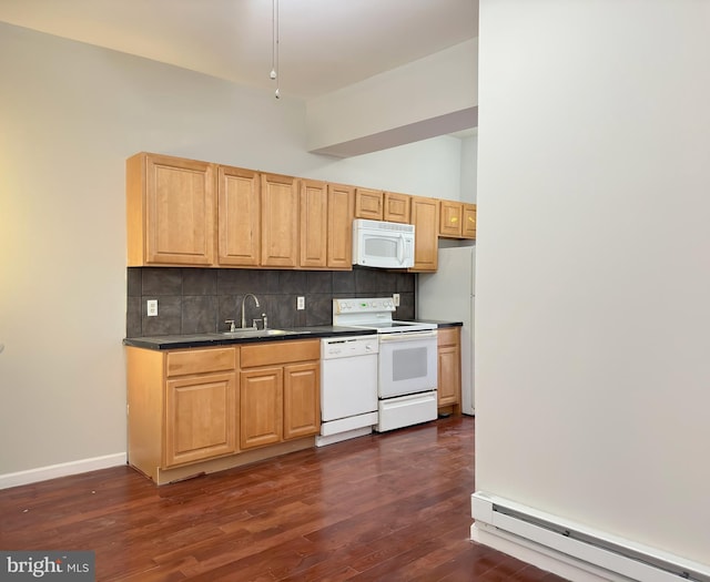 kitchen featuring dark hardwood / wood-style floors, white appliances, sink, backsplash, and a baseboard radiator