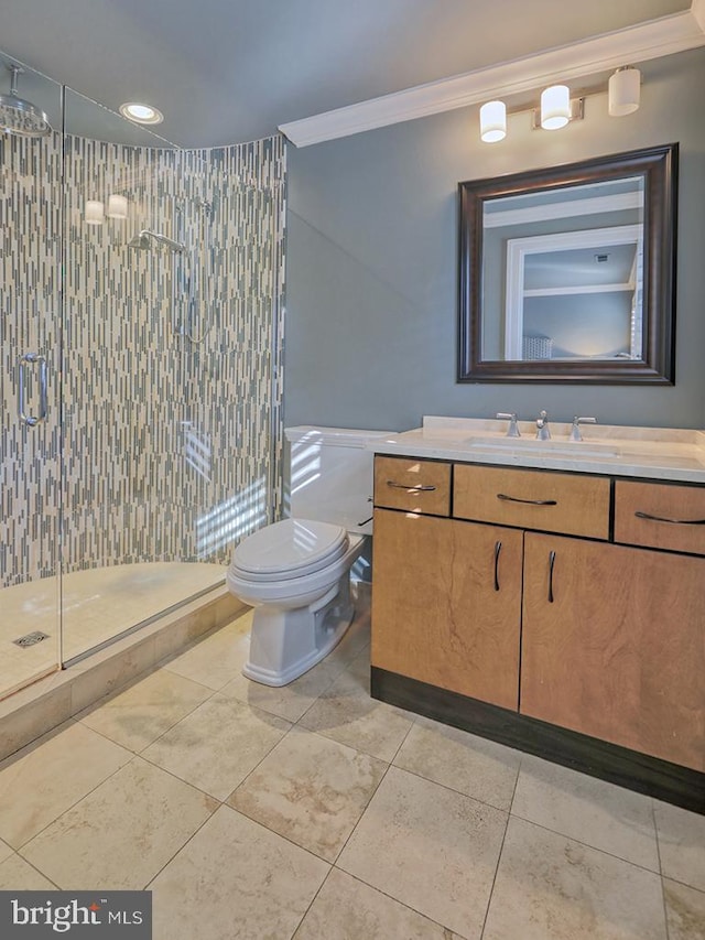 bathroom with tile flooring, walk in shower, vanity, and toilet