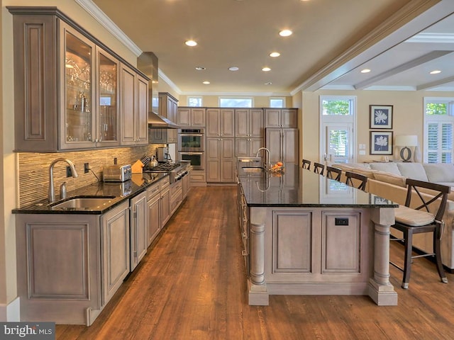 kitchen featuring dark hardwood / wood-style flooring and an island with sink