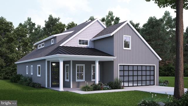 view of front facade featuring a front yard, covered porch, and a garage