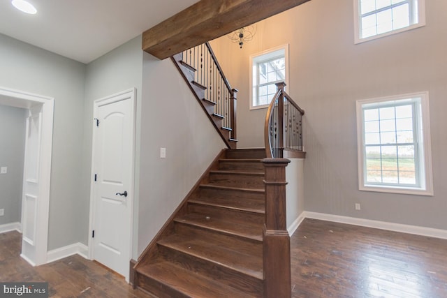 stairway with a healthy amount of sunlight, wood-type flooring, and an inviting chandelier