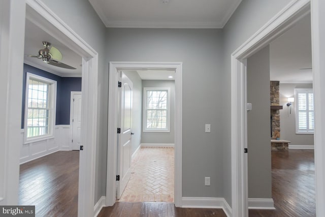 hall with dark hardwood / wood-style floors and ornamental molding