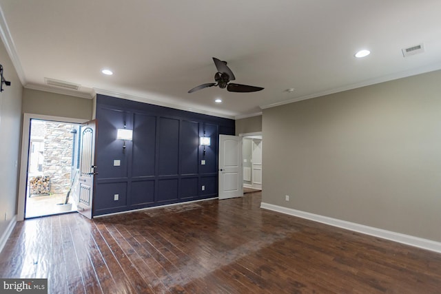 unfurnished bedroom featuring ceiling fan, crown molding, dark wood-type flooring, and access to outside