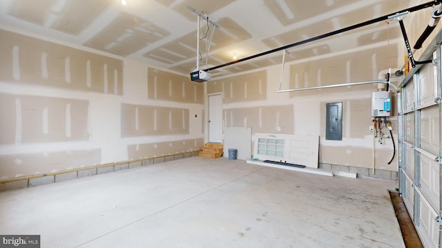 garage with electric panel, tankless water heater, and a garage door opener