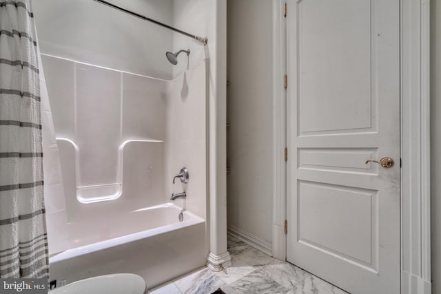 bathroom with shower / bathtub combination with curtain and tile floors