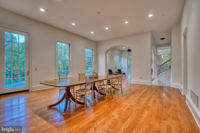 dining room with ceiling fan and light hardwood / wood-style floors