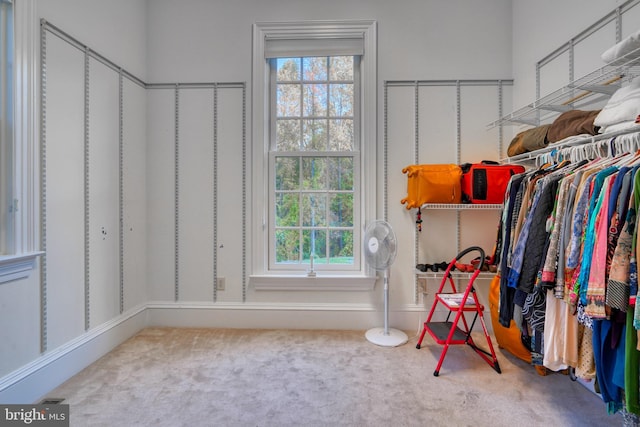 walk in closet with light colored carpet