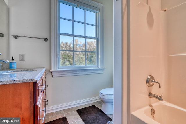 full bathroom with vanity, tile floors, shower / bathtub combination, and toilet