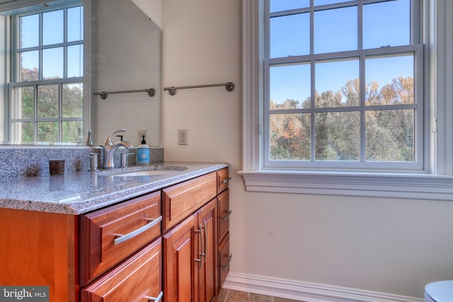 bathroom featuring toilet, a wealth of natural light, and large vanity