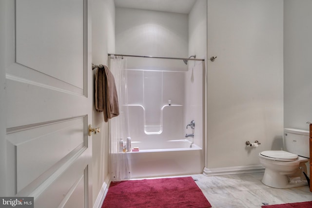 bathroom with toilet, shower / bath combination, and tile flooring