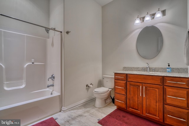 full bathroom featuring shower / bathing tub combination, toilet, vanity, and tile floors