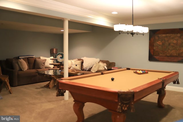 rec room with light colored carpet, crown molding, and pool table