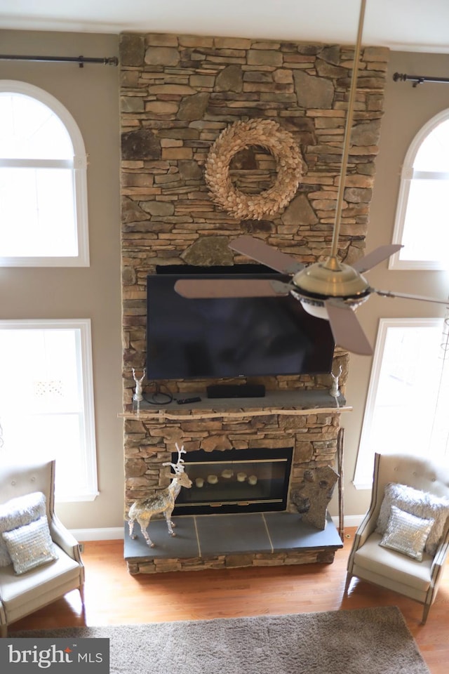 interior details with hardwood / wood-style floors and a stone fireplace