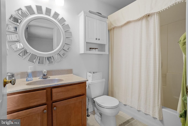 full bathroom with tile patterned flooring, vanity, toilet, and shower / bathtub combination with curtain