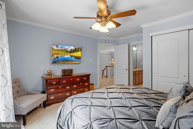 carpeted bedroom with ceiling fan, a closet, ornamental molding, and ensuite bath